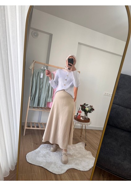 Kadın Etek Saten Bej