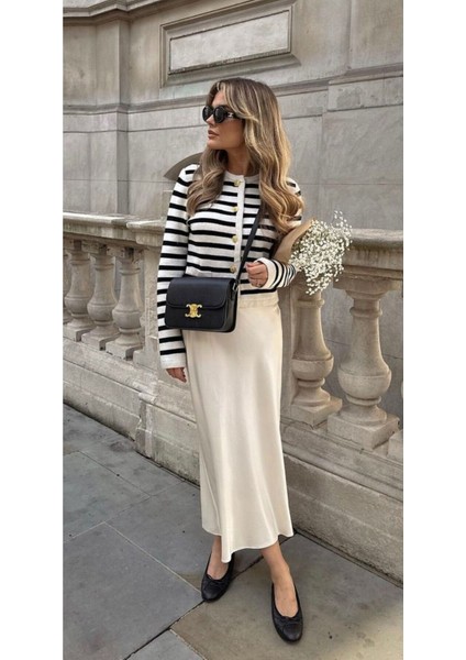 Kadın Şık Saten Kemeri Lastikli Maxi Boy A Line Etek