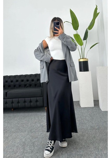 Siyah Saten Kumaş Beli Lastikli Uzun Çan Etek 91 cm