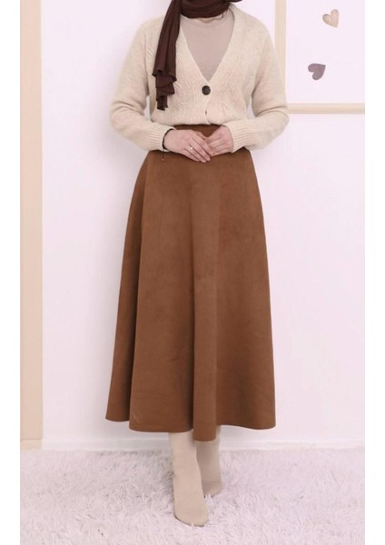 Hafif Likralı Süet Kumaş Yüksek Bel Kiloş Uzun Etek 0096