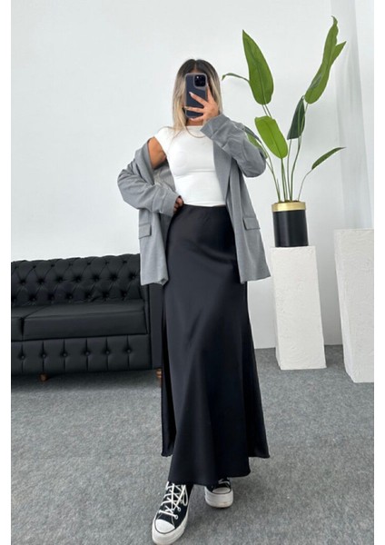 Şık Saten Kumaş Beli Lastikli Uzun 95CM Çan Etek