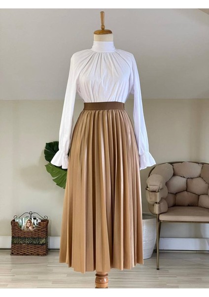 Moda Kadın Beli Lastikli Piliseli Camel Etek
