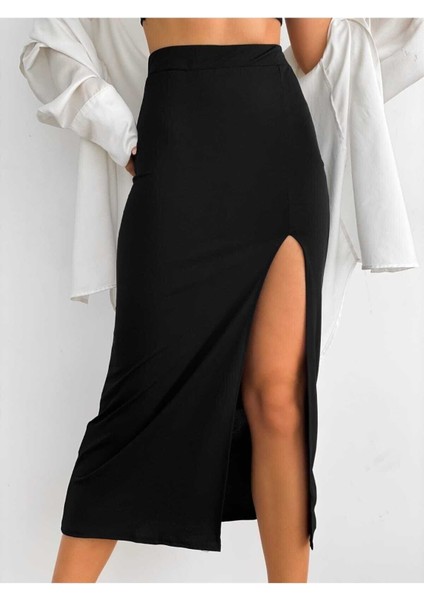 Siyah Extra Yüksek Bel Sandy Kumaş Full Esnek Yırtmaçlı Etek 101 cm fiyatları