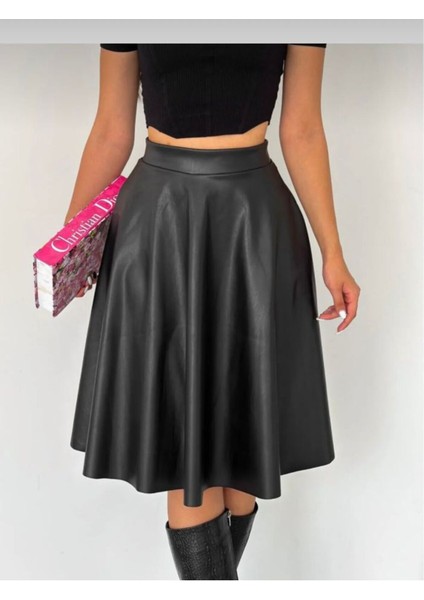 Suni Deri Midi Kloş Etek 0043