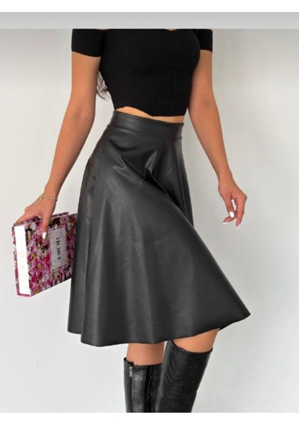 Suni Deri Midi Kloş Etek 0043 fırsatları