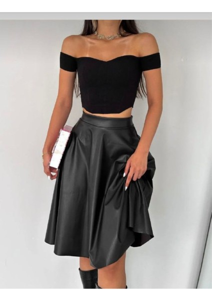 Suni Deri Midi Kloş Etek 0043 indirimleri