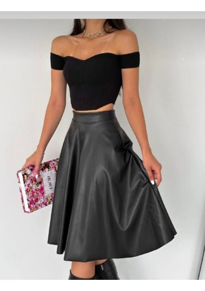 Suni Deri Midi Kloş Etek 0043