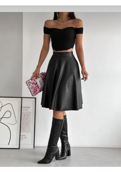 Suni Deri Midi Kloş Etek 0043