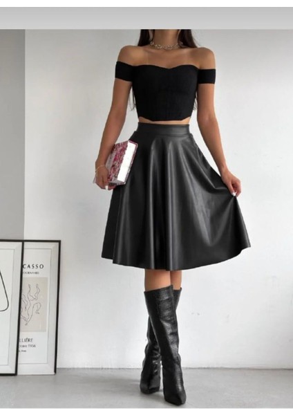 Suni Deri Midi Kloş Etek 0043