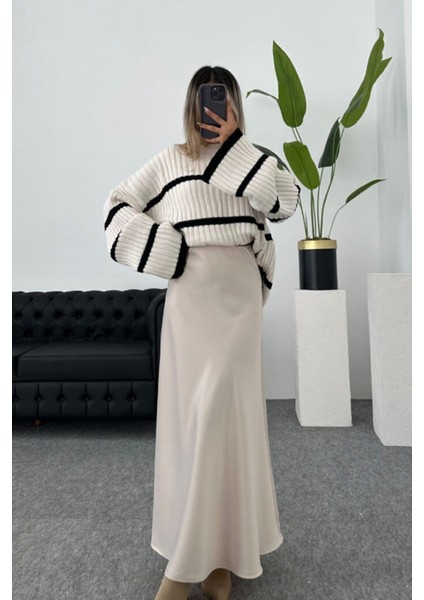 Şık Saten Kumaş Beli Lastikli Uzun Çan Etek