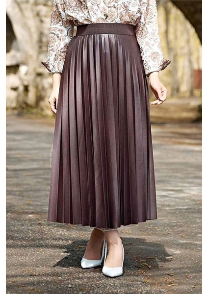 Deri Görünümlü Pr Şevval Piliseli Etek - Kahverengi