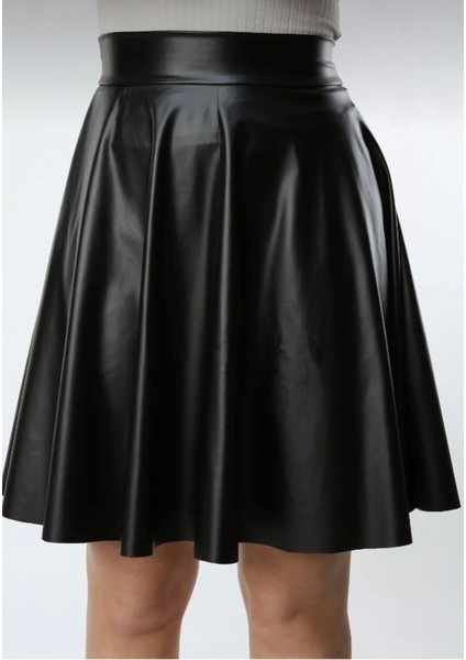Kadın Siyah Kloş Suni Deri Etek Leather Skirt