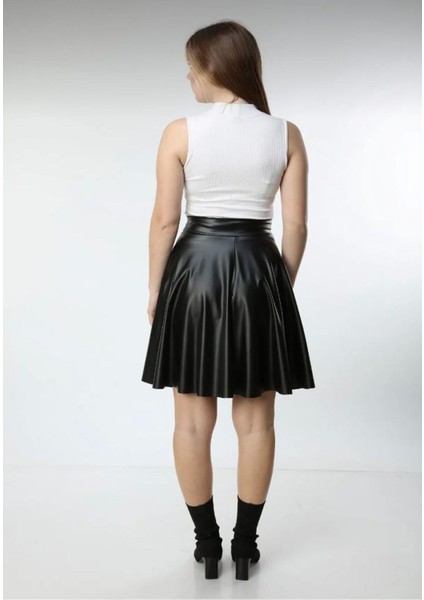 Kadın Siyah Kloş Suni Deri Etek Leather Skirt modelleri