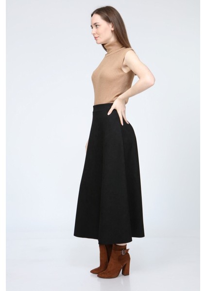 Kadın Siyah Yüksek Bel Süet Düz Mevlana Etek modelleri