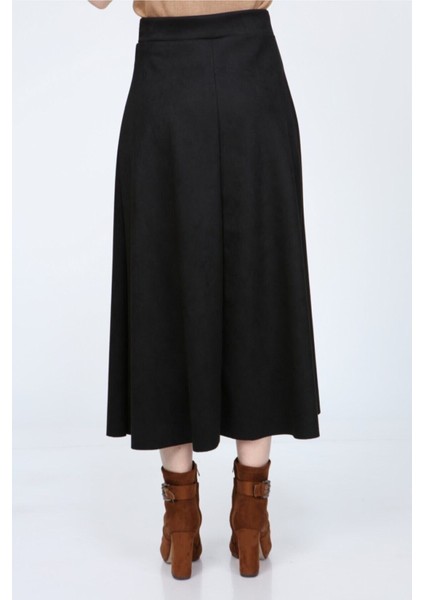 Kadın Siyah Yüksek Bel Süet Düz Mevlana Etek