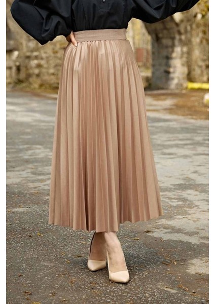 Deri Görünümlü Pr Şevval Piliseli Etek - Vizon