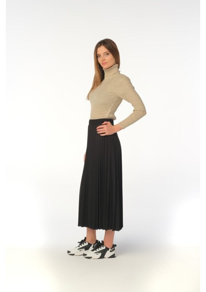 Kadın Siyah Beli Lastikli Pliseli Uzun Etek fiyatları