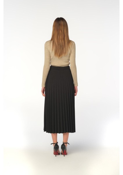 Kadın Siyah Beli Lastikli Pliseli Uzun Etek fırsatları