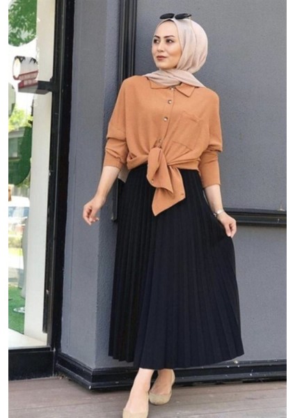 Beli Lastikli Pliseli Etek-Siyah