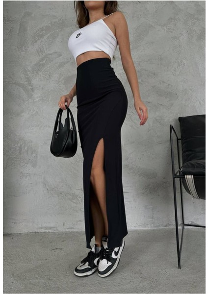 Kadın Siyah Yırtmaçlı Uzun Ottoman Kumaş Etek modelleri