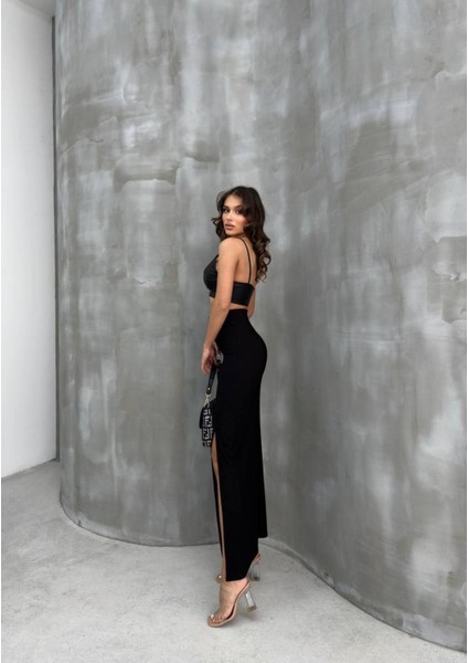 Kadın Siyah Yırtmaçlı Uzun Ottoman Kumaş Etek indirimleri