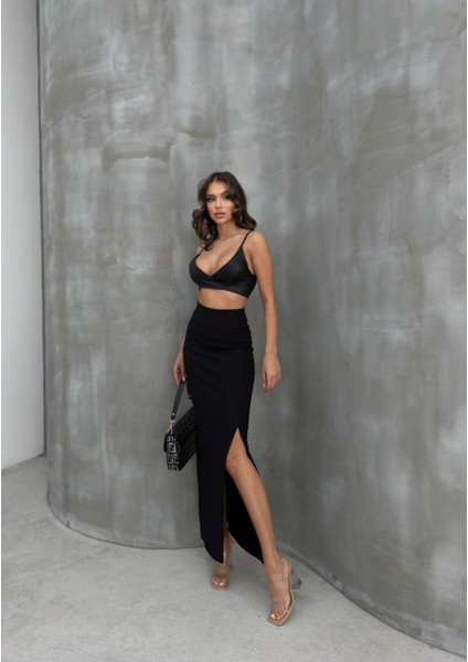 Kadın Siyah Yırtmaçlı Uzun Ottoman Kumaş Etek