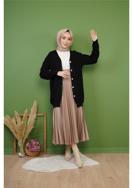 Kadın Deri Görünümlü Piliseli Etek Sütlü Kahve Renk Yeni Sezon modelleri