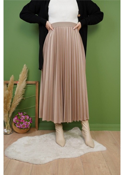 Deri Piliseli Etek Sütlü Kahve Renk Yeni Sezon