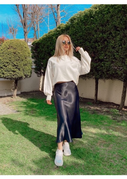 Siyah Beli Fermuarlı Çan Model Uzun Saten Etek 91 cm fiyatları