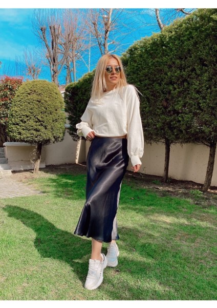 Siyah Beli Fermuarlı Çan Model Uzun Saten Etek 91 cm modelleri