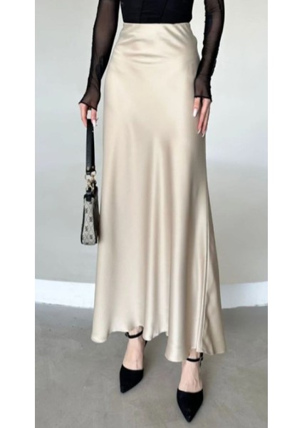 Şık Saten Kemeri Lastikli 100 cm Kloş Maxi Boy Etek Krem Renk