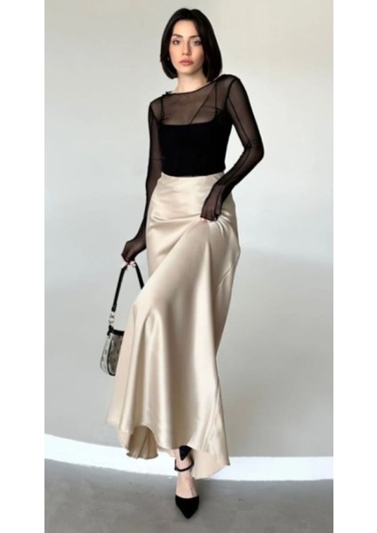 Şık Saten Kemeri Lastikli 100 cm Kloş Maxi Boy Etek Krem Renk fiyatları