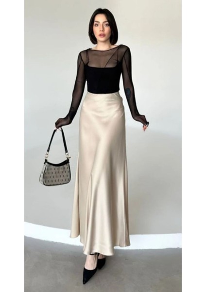 Şık Saten Kemeri Lastikli 100 cm Kloş Maxi Boy Etek Krem Renk modelleri