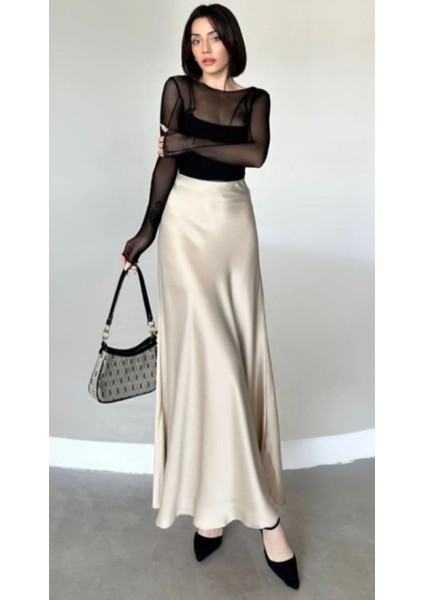 Şık Saten Kemeri Lastikli 100 cm Kloş Maxi Boy Etek Krem Renk fırsatları