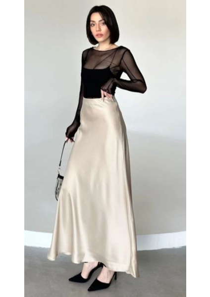 Şık Saten Kemeri Lastikli 100 cm Kloş Maxi Boy Etek Krem Renk indirimleri
