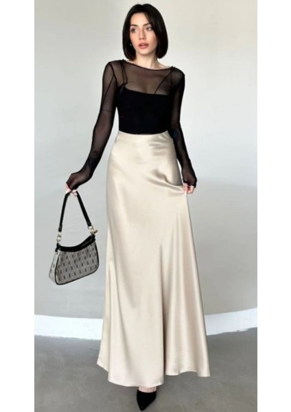 Şık Saten Kemeri Lastikli 100 cm Kloş Maxi Boy Etek Krem Renk