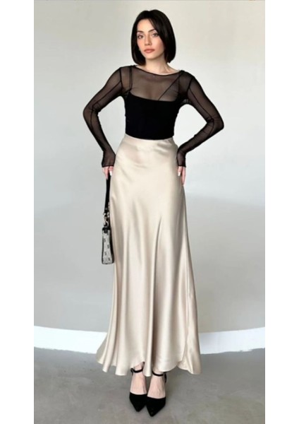 Şık Saten Kemeri Lastikli 100 cm Kloş Maxi Boy Etek Krem Renk