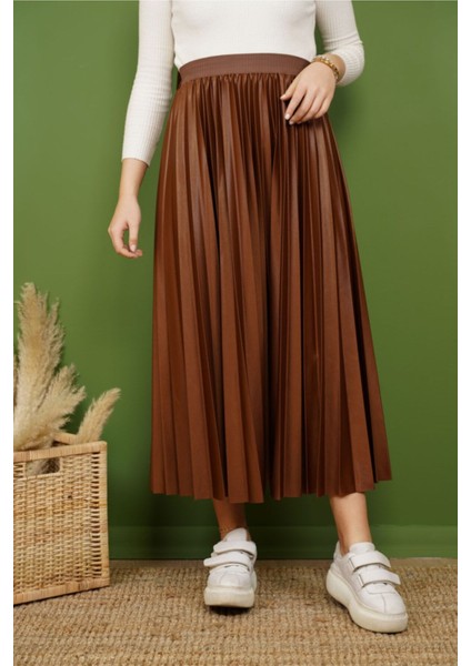 Kadın Deri Görünümlü Piliseli Etek Taba Renk Yeni Sezon fiyatları