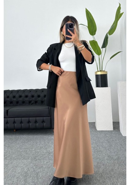 Kamel Saten Kumaş Beli Lastikli Uzun Çan Etek 91 cm