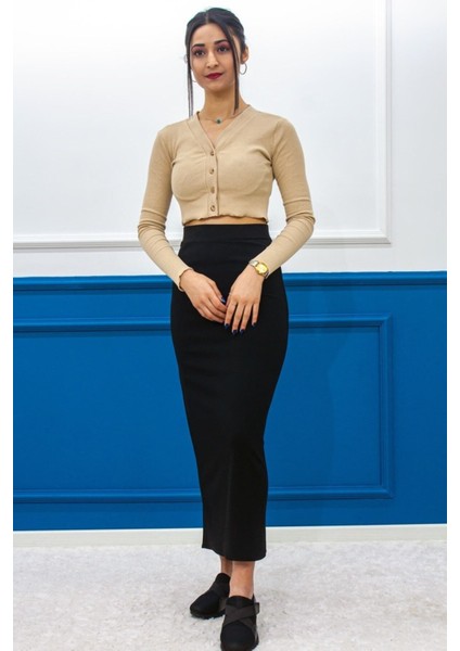 Kadın Siyah Dalgıç Kumaş Dar Etek