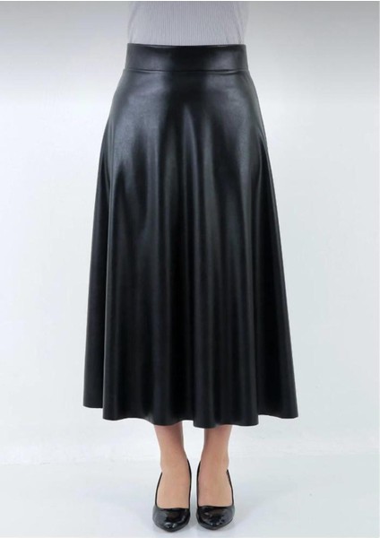 Şık Kadın Suni Deri Etek Boy 95 cm A Line - 0021