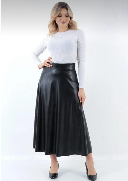 Şık Kadın Suni Deri Etek Boy 95 cm A Line - 0021 indirimleri