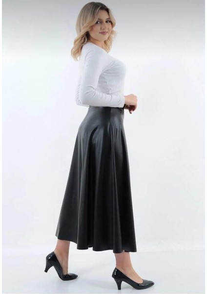 Şık Kadın Suni Deri Etek Boy 95 cm A Line - 0021