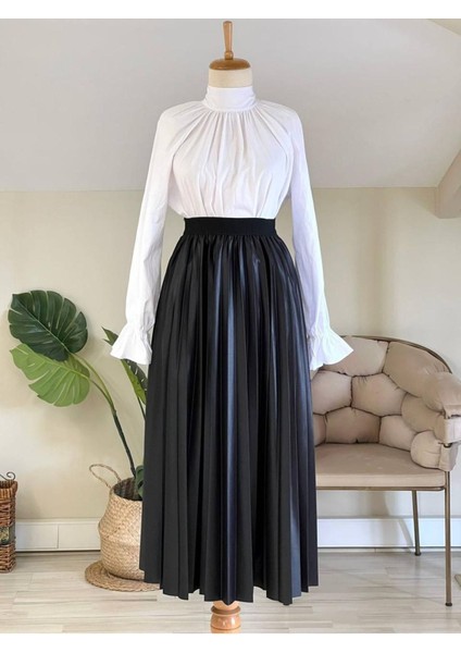 Moda Kadın Siyah Beli Lastikli Deri Görünümlü Piliseli Etek