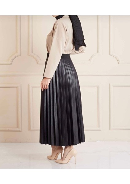 Moda Kadın Siyah Beli Lastikli Deri Görünümlü Piliseli Etek fiyatları
