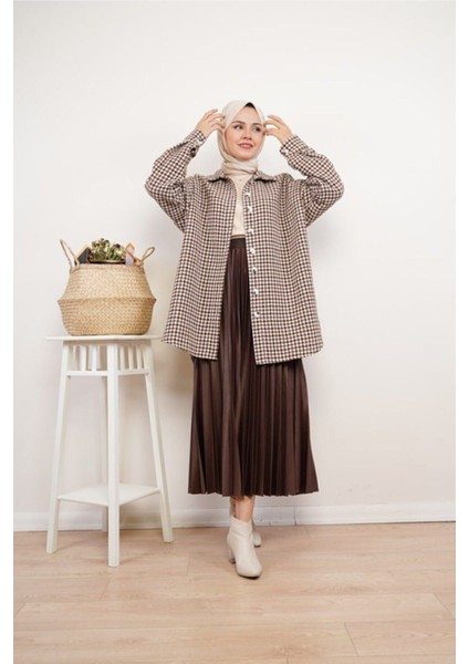 Kadın Deri Görünümlü Piliseli Etek Kahverengi Renk Yeni Sezon fırsatları