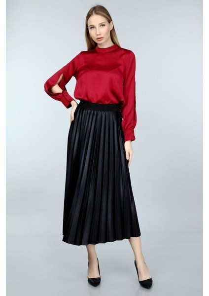 Siyah Deri Görünümlü Piliseli Etek fiyatları