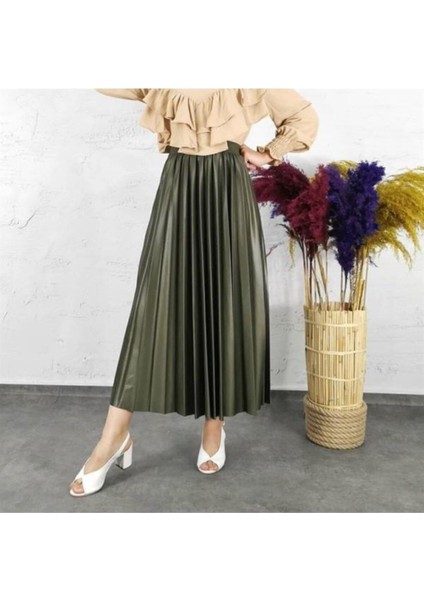Kadın Haki Beli Lastikli Piliseli Etek