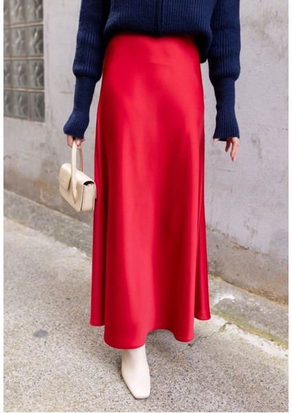 Lüks Kalite Saten Kumaş Beli Lastikli Etek Kırmızı