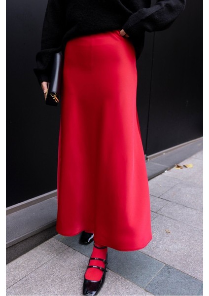 Lüks Kalite Saten Kumaş Beli Lastikli Etek Kırmızı fiyatları